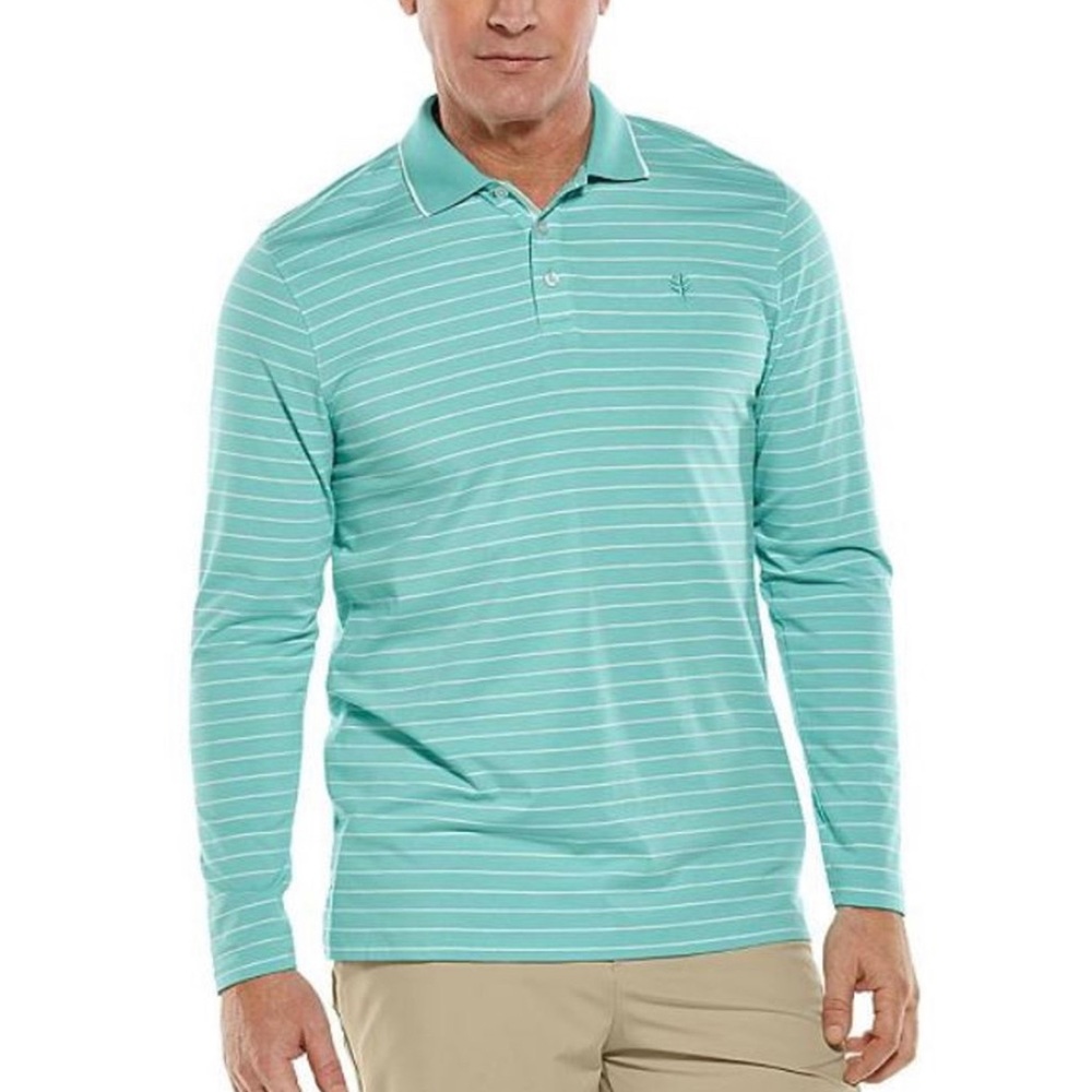 Coolibar Men's Long Sleeve Weekend Polo - Seafoam/White UPF 50+ (Size L)